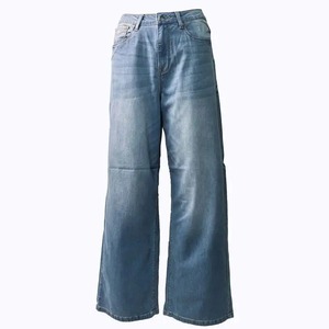 Pantalones vaqueros de pierna recta de cintura alta de tela ecológica personalizados de alta calidad para mujer estilo suelto de moda para verano con cierre de cintura elástica - Product Image 1