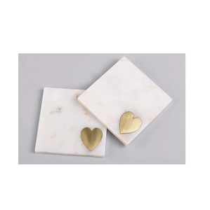 Indian Exporter's Classic <b>White</b> Marble Handmade Square <b>Coaster</b> Set of 4 Featuring Brass Heart From the Indian Supplier - Product Image 1