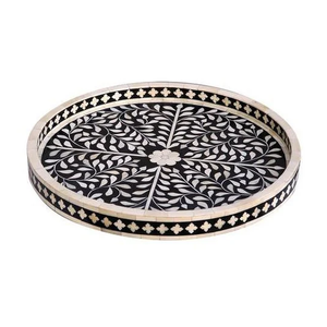 Plateau en os incrusté noir et blanc avec base en MDF en résine pour la cuisine, décoration de luxe pour la maison et vaisselle, plateau de service en os incrusté naturel - Product Image 4