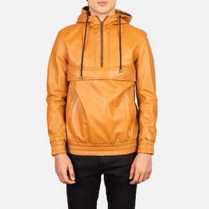 High Quality Men's Leather Hoodie <b>Jacket</b> Half Zip Pullover Polyester <b>Lining</b> Custom Logo Winter Season Hooded Collar Pocket - Product Image 3