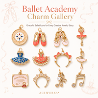Galerie de Charmes de l'Académie de Ballet |   Pendentifs en laiton plaqué or 18 carats avec émail, motifs chaussures de ballet, tutu, ballerine et notes de musique, pour la fabrication de bijoux