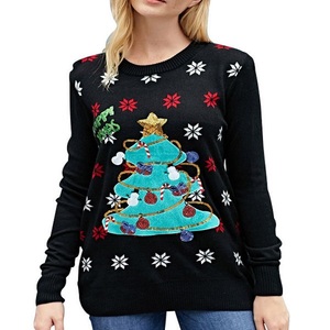 Custom Women Jacquard Beige Red Color Christmas Knitted Long Sleeve Oversize Pullover <b>Jumper</b> Knitwear Sweater Fall Winter Xmass - Product Image 2