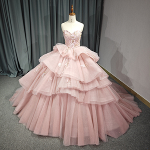 6558 Gorgeous Pink Sleeveless <b>Ruffle</b> Lace-Up Crystal Beading Appliques Natural Eco-Friendly Quinceanera Ball Gown <b>Dress</b> - Product Image 2