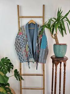 Women's Top Kantha Quirky Grey Pastel Hue Patchwork <b>Jacket</b> Reversible Short Length Spring Front Tie Open <b>Kimono</b> Beach Suitable - Product Image 3