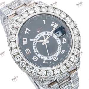 Lujoso completo Iced Moissanite Diamond Black Dial Dual Time Zone Relojes de cuarzo Marcadores de hora luminosos de moda Reloj AutoDate - Product Image 3