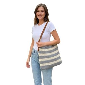Sac à bandoulière en tricot pour femme avec sangle en cuir, sac fourre-tout élégant et décontracté, sac à main en crochet tendance - Product Image 1
