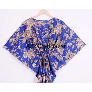 Indian Block Printed Kaftan Pure Organic Cotton Lightweight Short Nightwear Floral Print Beach Wear Summer Dress - Product Image 2