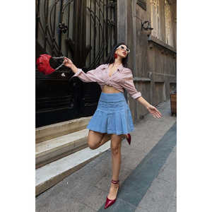 Women's <b>Pleated</b> Mini <b>Denim</b> <b>Skirt</b> - Product Image 1