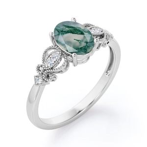 Moss Green Agate 925 <b>Silver</b> Classic Engagement Ring Custom Engraved Swirly Design Gold Plated Gemstone Prong Setting Ring - Product Image 3