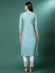 Kurtis Rama de Diseño Tradicional Indio, Tela de Algodón Puro, Estilo Anarkali, Cuello en V Largo, Mangas Tres Cuartos, Kurta Bordada con Pantalón - Product Image 2