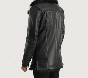 Men's Genuine Leather Jacket With <b>Fur</b> Collar Long Windproof Winter <b>Coat</b> Moto Style Black Thick Faux <b>Fur</b> Lining Single Breasted - Product Image 2