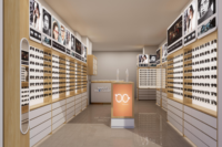 Présentoir mural optique avec fentes pour lunettes rétroéclairées par LED, comptoir de réception incurvé et îlot d'exposition pour magasin de lunettes