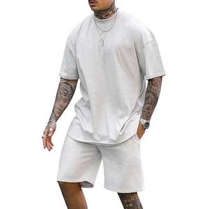 Chándales de estilo callejero de verano para hombre, chándales 100% de algodón liso de gran tamaño, conjunto de pantalones cortos térmicos de manga corta - Product Image 1