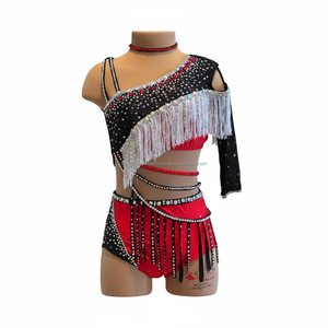 Traje de Baile con Pedrería Roja y Negra para Mujer, Asimétrico con Flecos, Brillante con Cristales, para Actuaciones de Samba Latina - Product Image 3