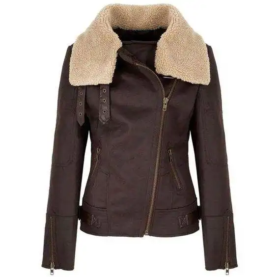 Tout nouveau manteau en cuir de mouton double face pour femmes Veste noire Veste de motard en cuir Slim-Fit pour femmes