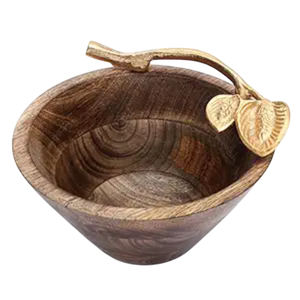 Bol à salade antique fait à la main en bois d'acacia fini noyer avec aluminium finition or radieux pour fournitures de maison et d'hôtel - Product Image 2