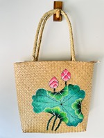 Tas Tangan Wanita Ramah Lingkungan dari Rumput Sedge Buatan Tangan Bentuk Persegi Panjang, Desain Bunga Modis, Penutup Ritsleting, Model Terbaru