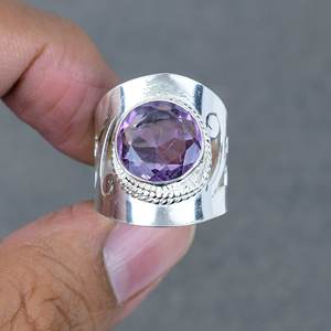 แหวนพลอยอเมทิสต์ทรงกลมดีไซน์ทำมือแหวนวินเทจทองเหลืองชุบเงินแบบ925 - Product Image 2