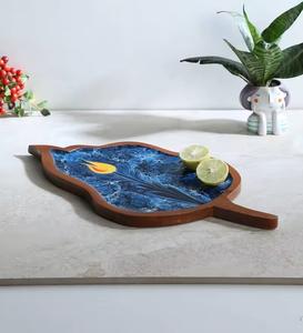 Bandeja para servir con forma de hoja de madera con estampado Floral azul, bandeja decorativa hecha a mano para aperitivos, aperitivos y decoración del hogar - Product Image 2