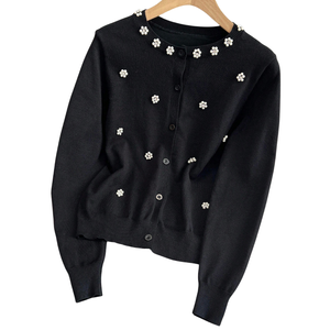 Women's Winter Pearl Embellished Floral Print Knit <b>Cardigan</b> <b>Sweater</b> Long Sleeve Button Front Neck Elegant Casual Daily Wear - Product Image 1