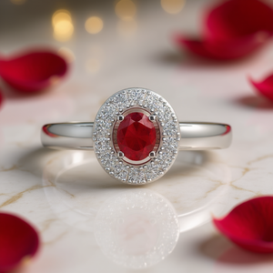 Anelli di Fidanzamento Glamour da Donna in Argento Sterling 925 con Rubino Naturale Taglio Ovale 5x4 e Halo di Topazio Bianco - Product Image 3