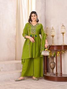 Conjunto Palazzo Kurti de algodón Mull suave de seda pura con bordado elegante y trabajo manual completo y latkan perfecto para todas las ocasiones - Product Image 2