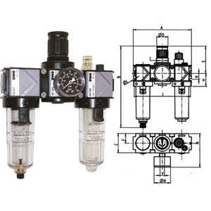 Unités filtre-réducteur-lubrificateur Variobloc 3/8 à vidage manuel, avec coupelles transparentes en polycarbonate et vannes pneumatiques pour diverses applications - Product Image 1
