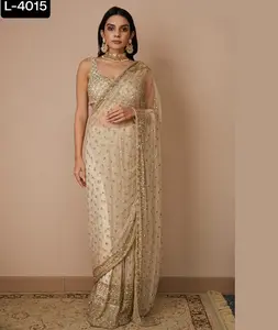 Ropa de fiesta india y Sari de red de estilo Bollywood con Secuencia de arcoíris lechoso de lujo y Sari de trabajo de borde de trabajo de hilo con blusa