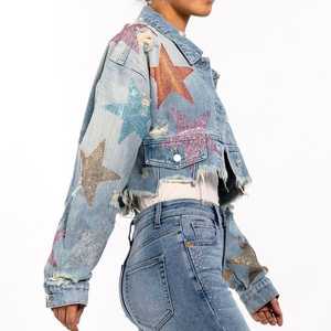 Chaqueta Vaquera de Mujer 100% Algodón, Mangas Cortas y Largas, Moderna, Decoración de Estrellas con Pedrería, Botones Decorativos, Transpirable para Todos - Product Image 5