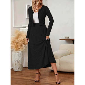 Women'<b>s</b> Long-Sleeve Button-Front <b>Blouse</b> <b>and</b> High-Waisted A-Line Long Skirt with Brushed Fabric, Two-Piece Set, 29766 - Black - Product Image 1