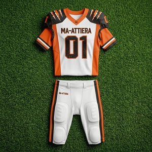 Maillot de football américain personnalisé blanc et orange, pantalon rembourré, uniforme d'équipe numéro 01, vêtements de sport respirants en polyester, OEM - Product Image 6