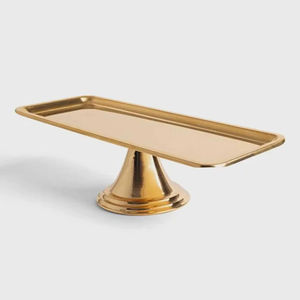 Bandeja de pedestal rectangular larga de primera calidad con acabado dorado, adecuada para servir postres y decorar mesas, procedente de la India. - Product Image 1
