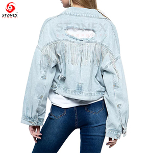 Chaqueta vaquera corta para motocicleta personalizada de último diseño decorada con perlas para mujer, Chaquetas vaqueras con estilo para mujer - Product Image 6