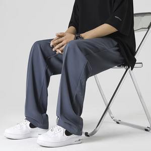 Été mince droit lâche glace soie pendentif sentiment polyvalent costume pantalon hommes solide bouton fermeture éclair poches mode pantalon décontracté - Product Image 2