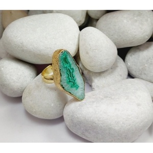 Vintage Casual Brass <b>Ring</b> with Gold Plated Agate Druzy Gemstone <b>Adjustable</b> Opening Trendy Bezel Setting for Gifts - Product Image 4