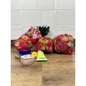 Block Print Bohemian Quilted Wash <b>Bag</b> Set of 3 for <b>Toiletry</b> & Makeup Organizer with <b>Drawstring</b> Closure Logo Pattern - Product Image 1