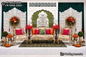 Scène de mariage élégante d'inspiration moghole avec toiles de fond en fibre, thème islamique luxueux, panneaux arrière en bois et ensemble de canapés - Product Image 2