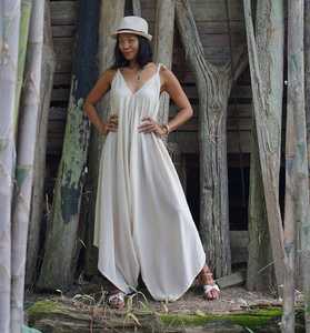 Mono informal de verano con cuello en V de Color sólido para mujer, ropa de talla grande para mujer con cintura Natural, tejido transpirable hasta el suelo - Product Image 5