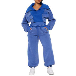 Conjunto Deportivo para Mujer, Estilo Holgado, Sudadera Corta de Felpa Lavada y Pantalones Deportivos con Cordón, Conjunto Deportivo Holgado - Product Image 1