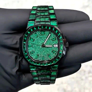 Reloj de Cuarzo Cuadrado de Lujo en Acero Inoxidable Verde, con Cristales de Laboratorio, para Hombre, Correa de 20mm, Estilo Hip Hop, Alta Calidad - Product Image 1