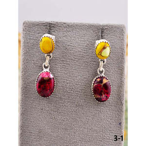Southwest Style Multi-Stone & Sterling <b>Silver</b> Drop <b>Earrings</b> Bezel Setting Inlay - Product Image 1