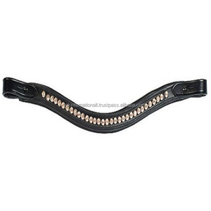 Banda para la frente de caballo de cuero acolchado de canal vacío hecha de cuero genuino de alta calidad con banda para la frente de cadena Mega Bling de cristal dorado - Product Image 1