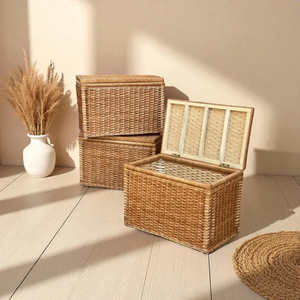 Coffre à jouets en osier avec couvercle, panier de rangement rectangulaire en rotin pour vêtements, organisateur tissé, boîte de rangement rustique naturelle - Product Image 2