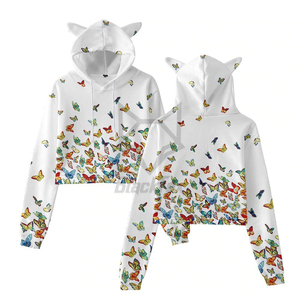 Women's Cropped Hoodie With <b>Cat</b> Ears Butterfly Print Yellow Casual Spring Sweatshirt - Product Image 3