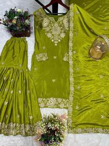 Bollywood inspiré vente chaude mariage et fête porter lourd Chinon soie Sharara robe sophistiqué cousu impression Collection - Product Image 5