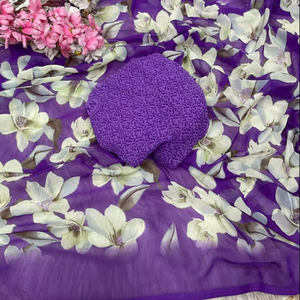 Sari de Diseñador Indio con Estampado Floral en Georgette, Estilo Bollywood, Étnico, Tradicional, Exclusivo, Elegante para Fiestas - Product Image 1