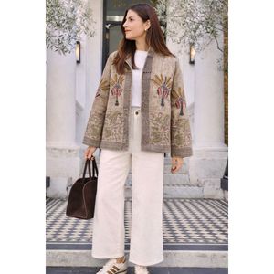 Autumn Grey Palm Block Print <b>Jacket</b> with Stand Collar Stylish Boxy Style - Product Image 1