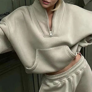 Conjunto de chándales de 2 piezas personalizados para mujer, chándal de algodón con cremallera de un cuarto, Sudadera con capucha y pantalones de chándal, traje, chándales en blanco - Product Image 5