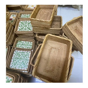 Plateau de service en rotin fait main avec incrustation de nacre, plateau de décoration d'intérieur tissé naturel - Product Image 5