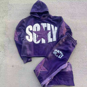 ชุดวอร์มเฮฟวี่เวทกำหนดได้เองสำหรับผู้ชายมีฮู้ดมีซิปและกางเกงขาบานสำหรับใส่วิ่งแนวสตรีทผ้าปะติดเสื้อสวมหัวซักกรด - Product Image 2